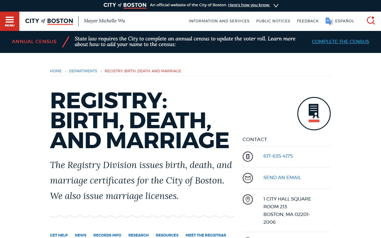 Boston City Clerk Registry Division for marriage license services