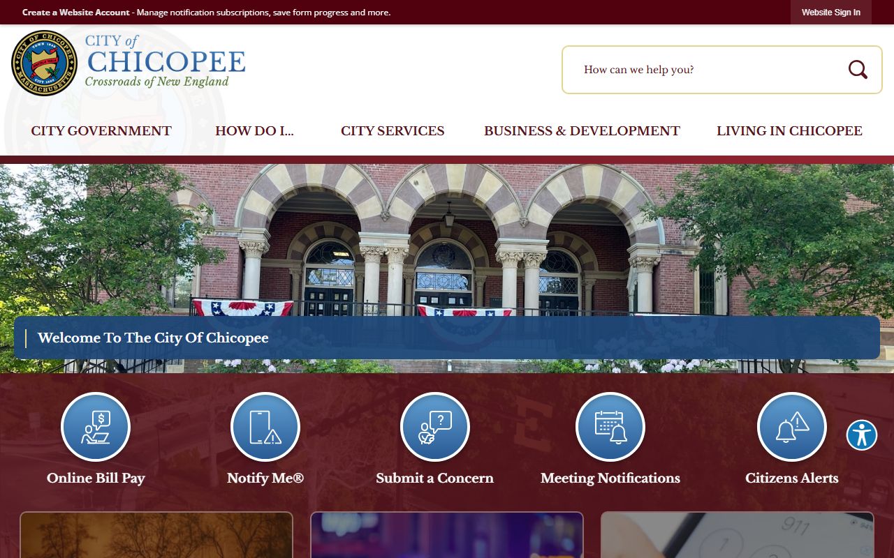 Chicopee City Clerk office page showing marriage license services and contact information for Chicopee residents