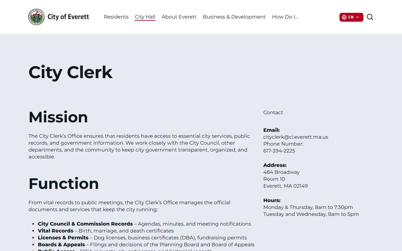 Everett City Clerk department page showing marriage license services and office details