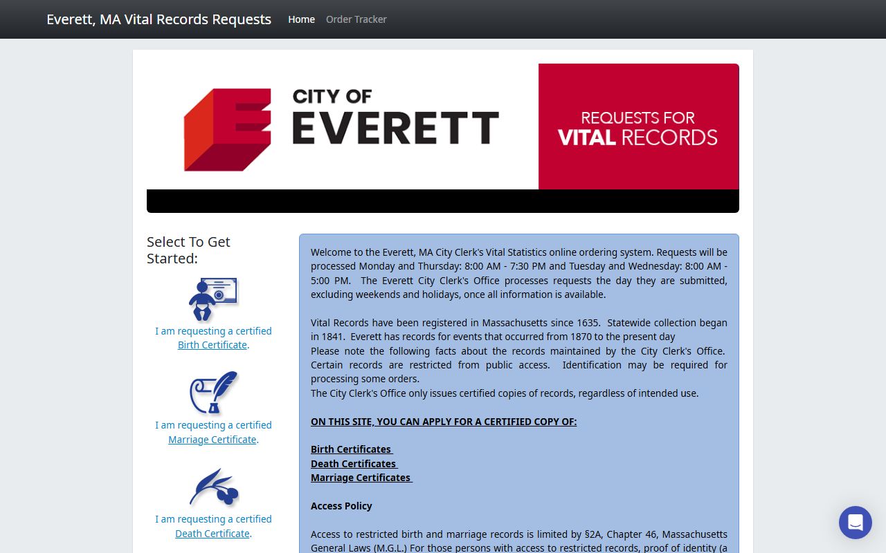 Everett online vital records portal for ordering marriage license certified copies