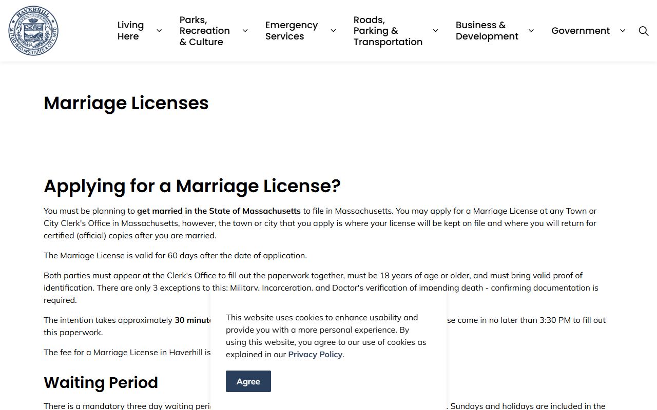 Haverhill City Clerk marriage license page for Essex County residents