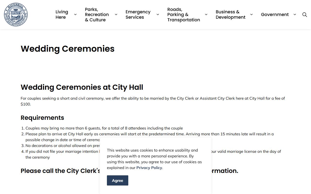 Haverhill City Hall wedding ceremonies page for couples seeking civil marriage in Essex County