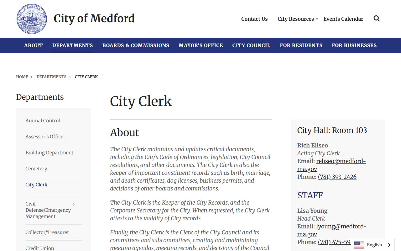 Medford City Clerk department page showing marriage license services and contact details
