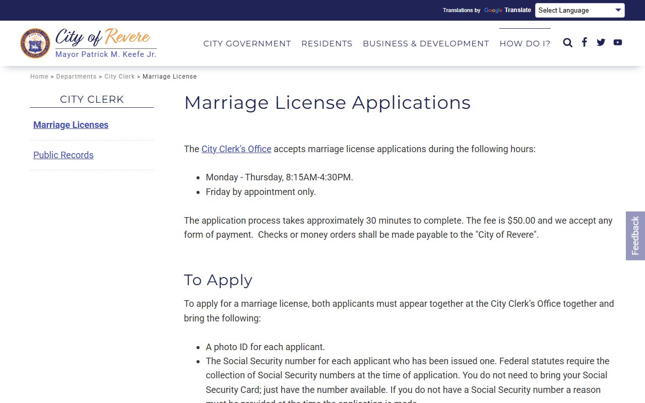 Revere City Clerk marriage license page showing services and fees for Revere residents