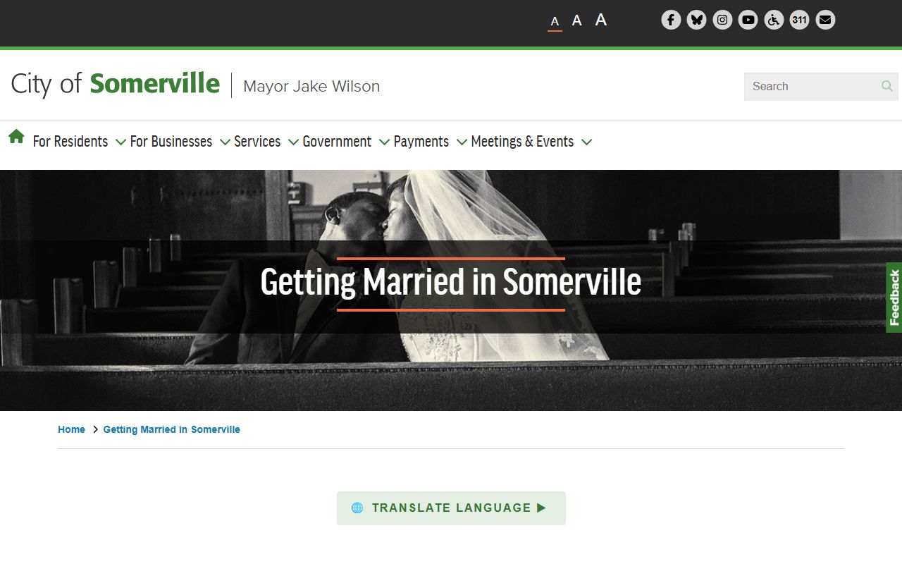 Somerville City Clerk marriage license page for Middlesex County applicants