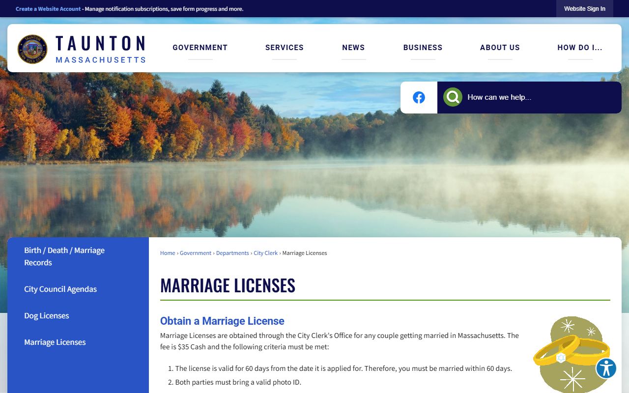 Taunton City Clerk marriage license page showing cash-only fees and ceremony details