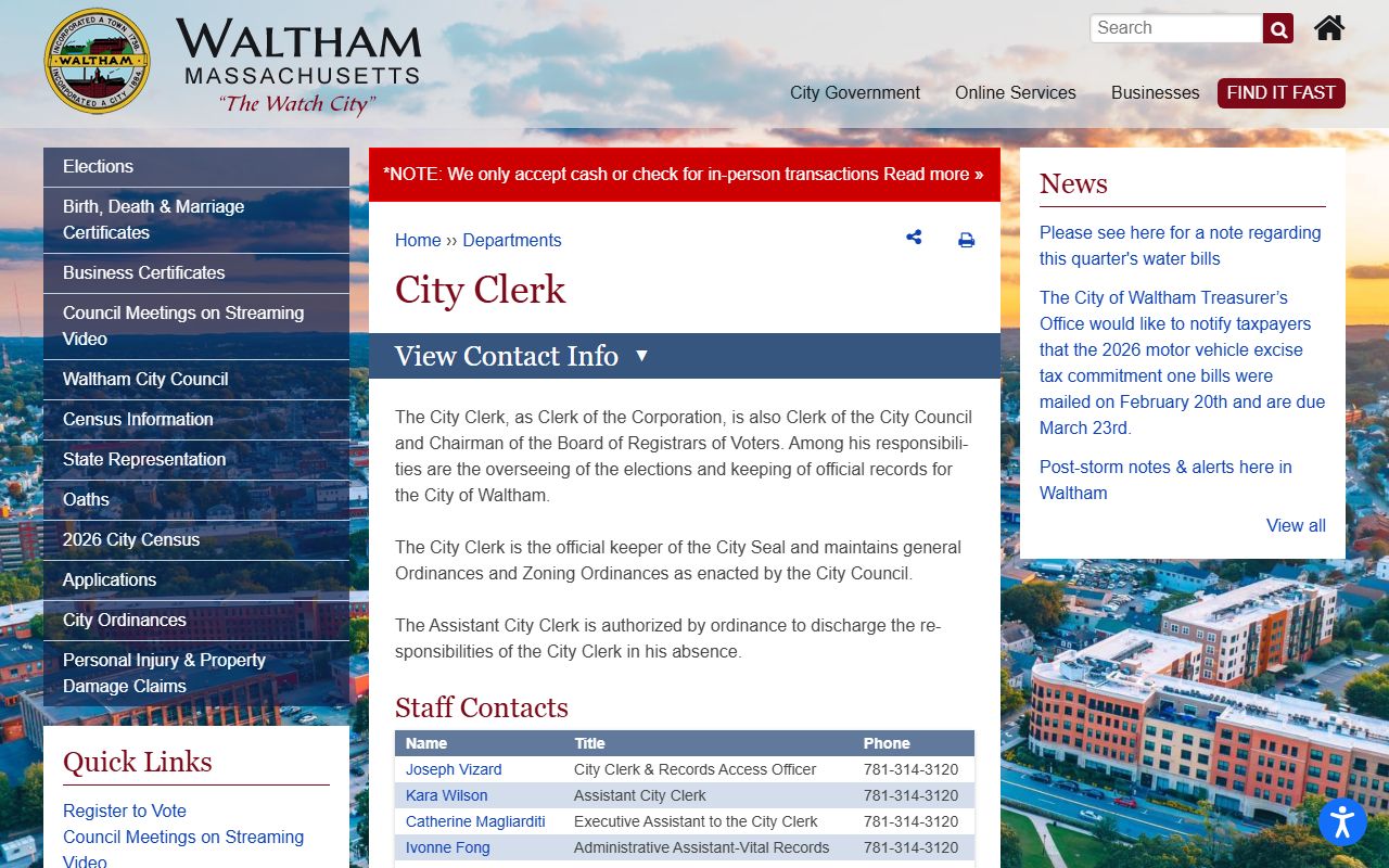 Waltham City Clerk website showing marriage license services and office information