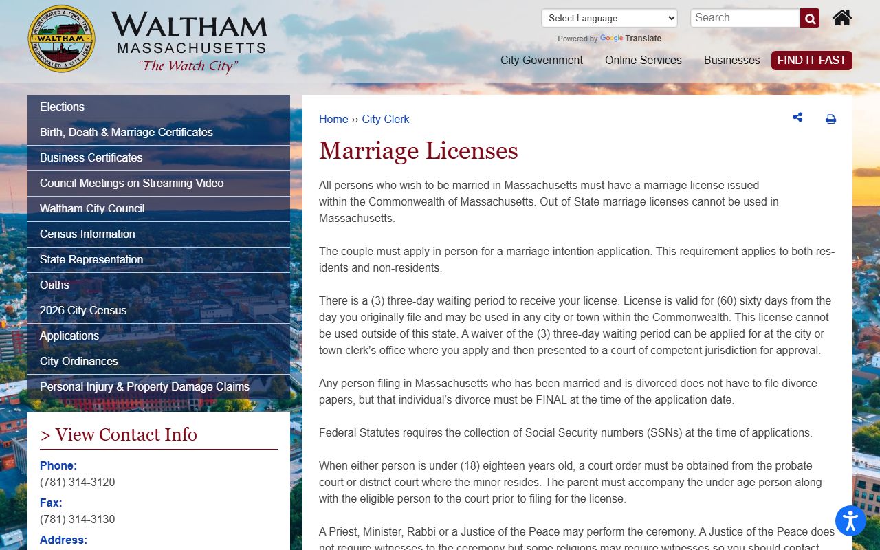 Waltham marriage license page showing application requirements and process details