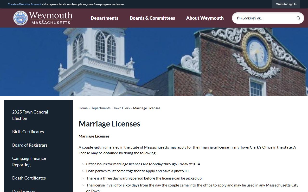 Weymouth Town Clerk marriage license page showing walk-in process and fee details for residents