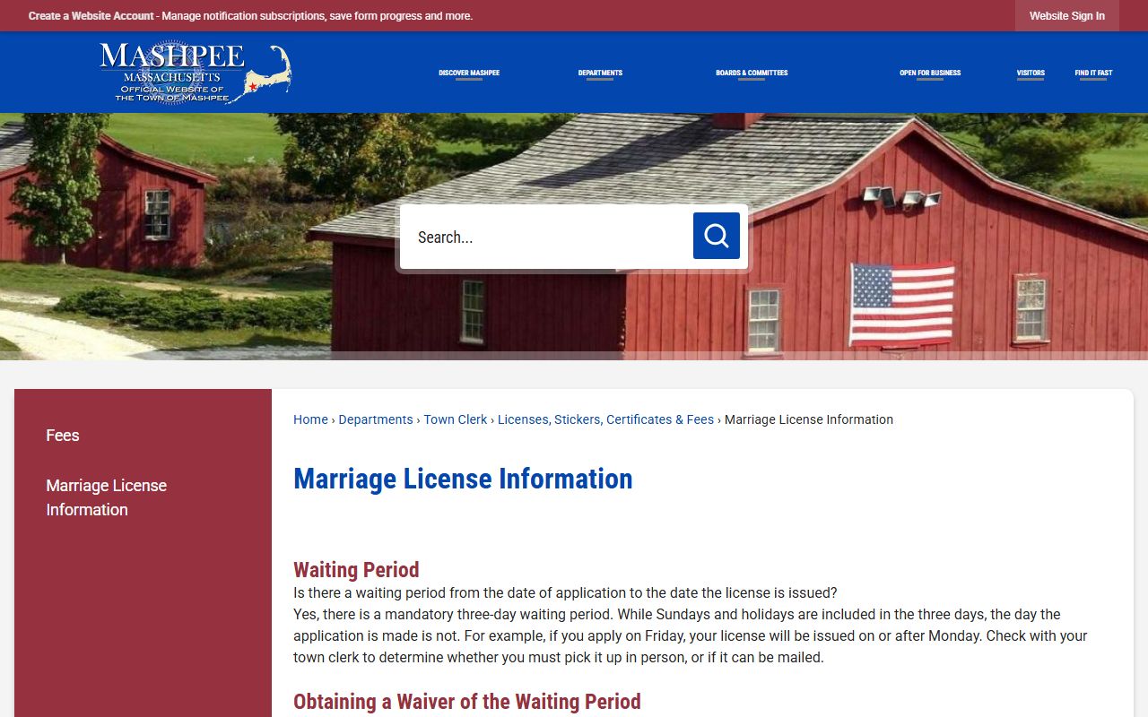 Mashpee Town Clerk marriage license page for Barnstable County residents