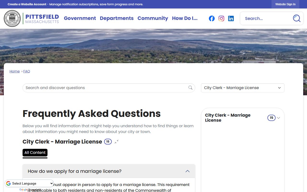 Pittsfield City Clerk FAQ page for marriage license questions in Berkshire County