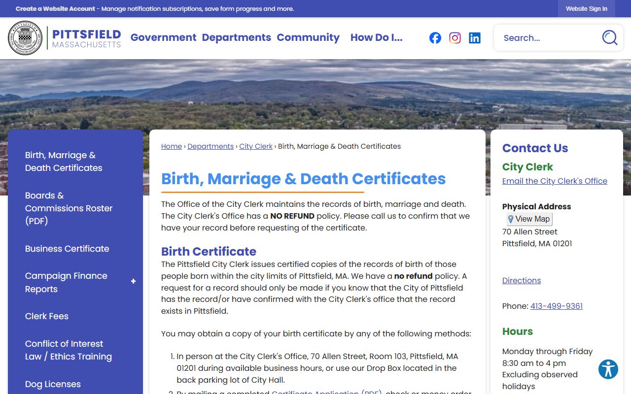 Pittsfield City Clerk vital records page for Berkshire County marriage license applications