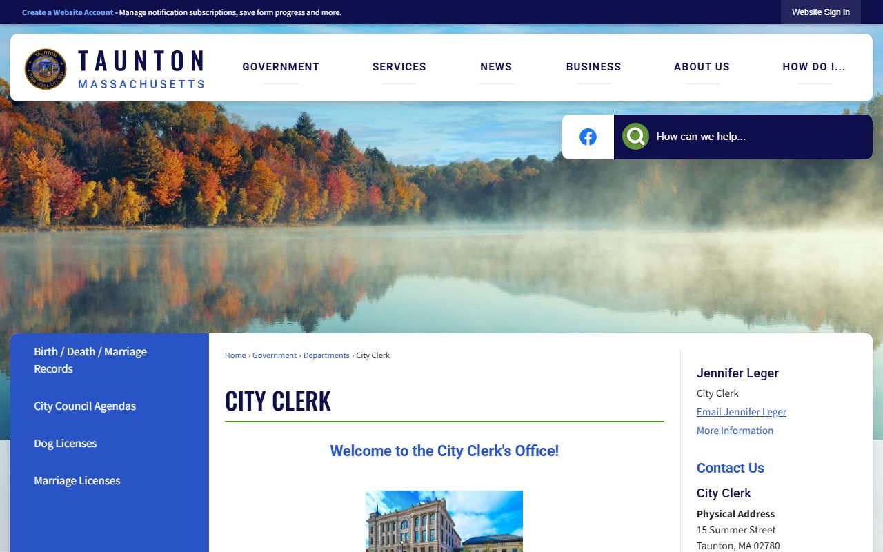 Taunton City Clerk website for marriage license services in Bristol County
