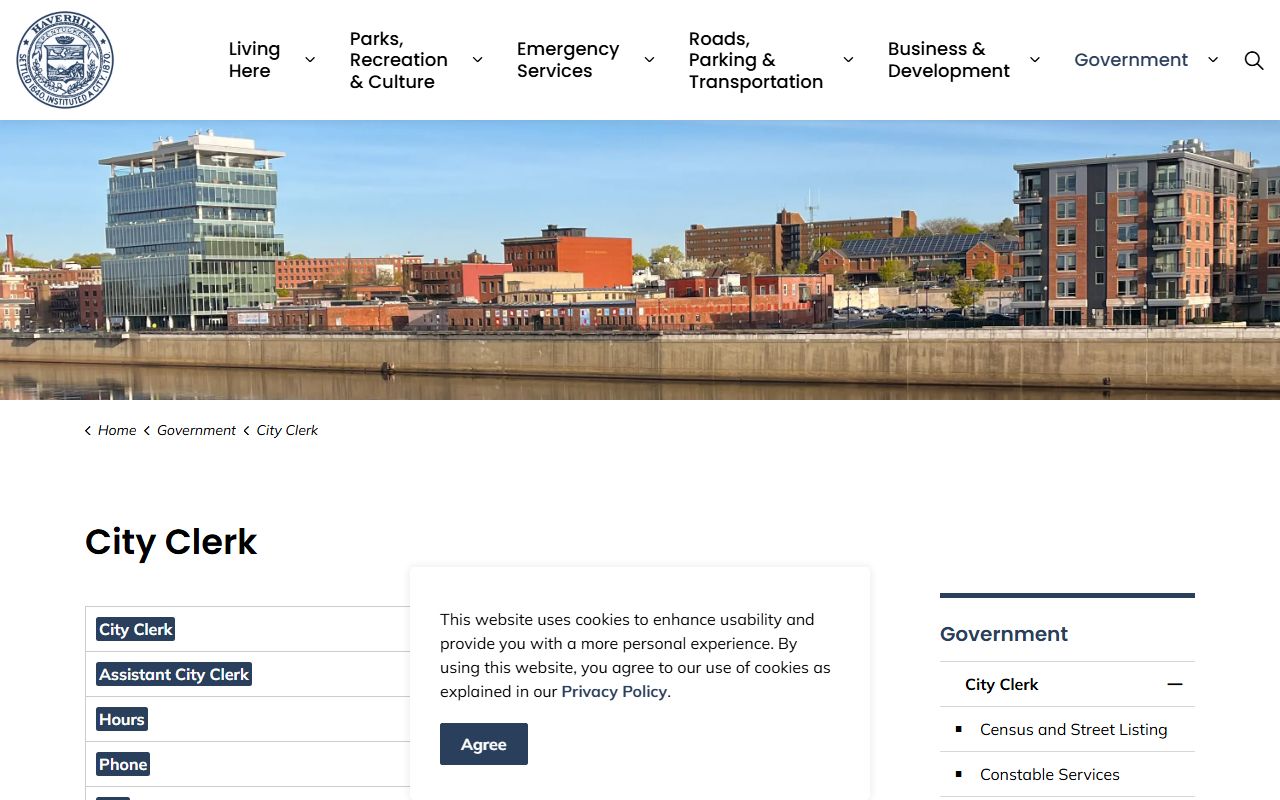 Haverhill City Clerk website showing marriage license services in Essex County