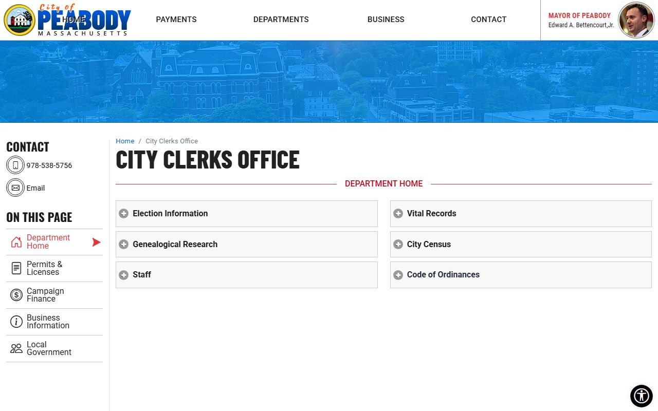 Peabody City Clerk page for marriage license information in Essex County