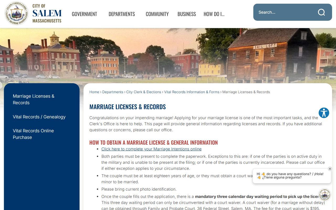 Salem marriage license and records page for Essex County applicants