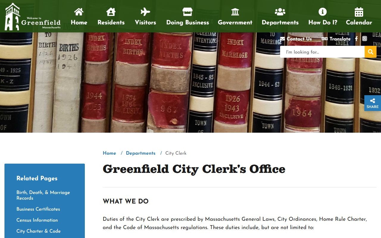 Greenfield City Clerk office page for Franklin County marriage license applications