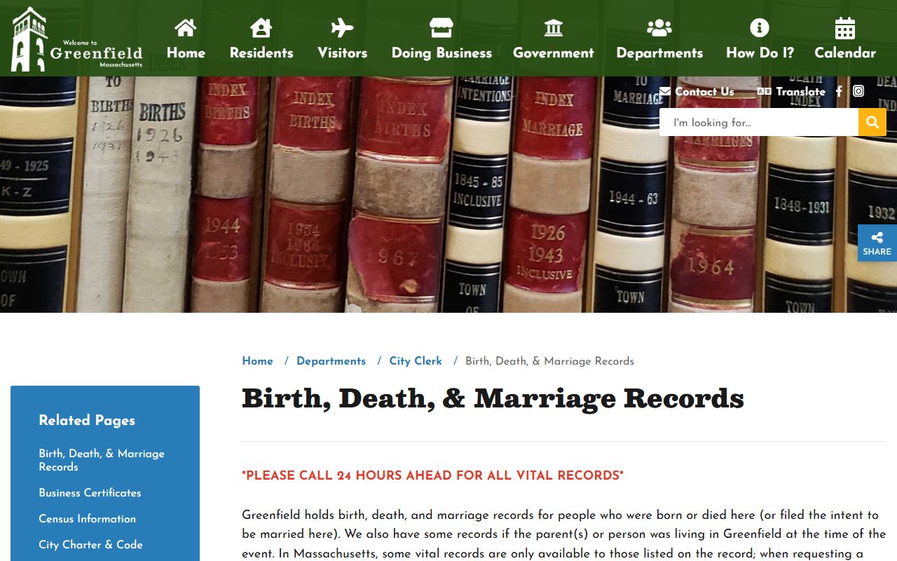 Greenfield birth, death, and marriage records page for Franklin County vital records