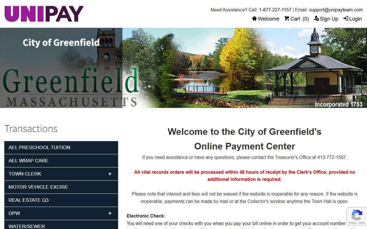 UniPay online payment portal for Greenfield City Clerk fees in Franklin County
