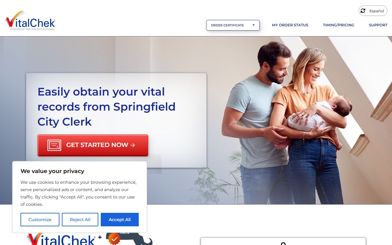 VitalChek online ordering for Springfield marriage certificates in Hampden County