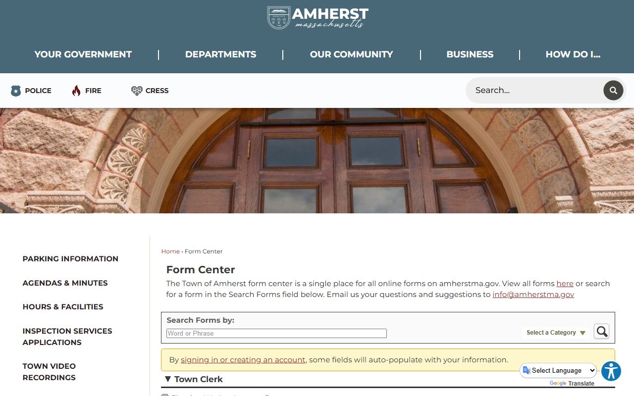Amherst Town Clerk form center page for Hampshire County marriage license applications