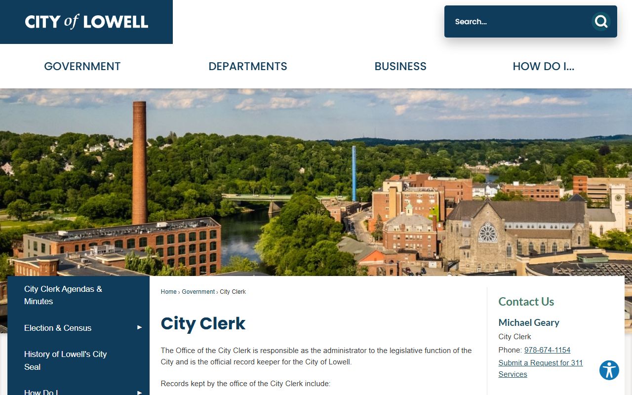 Lowell City Clerk website showing marriage license services in Middlesex County