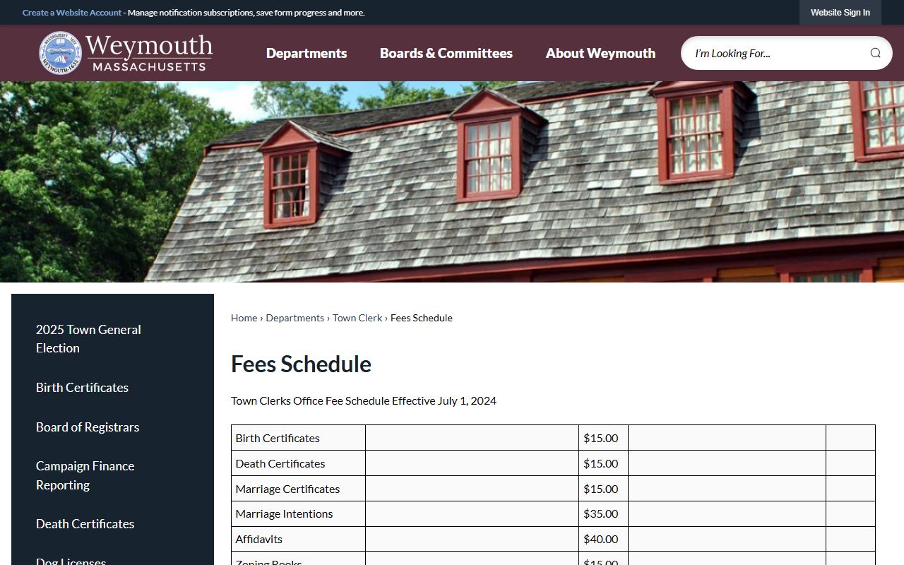Weymouth fee schedule for marriage license costs in Norfolk County