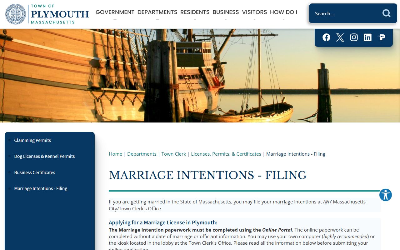 Plymouth Town marriage intentions online filing page for Plymouth County marriage license applicants