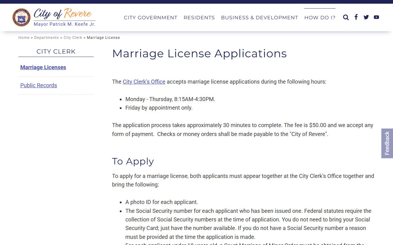 Revere City Clerk marriage license page for Suffolk County applicants