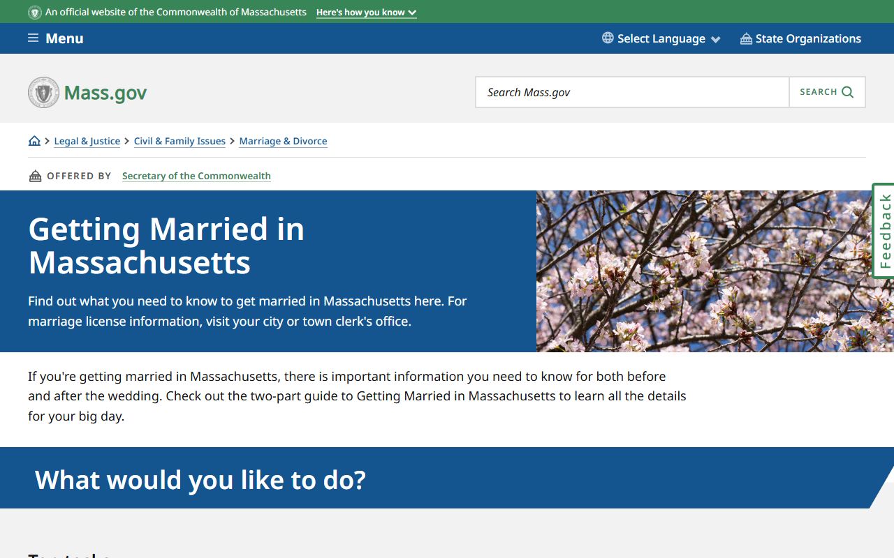 Massachusetts state marriage license guide at mass.gov