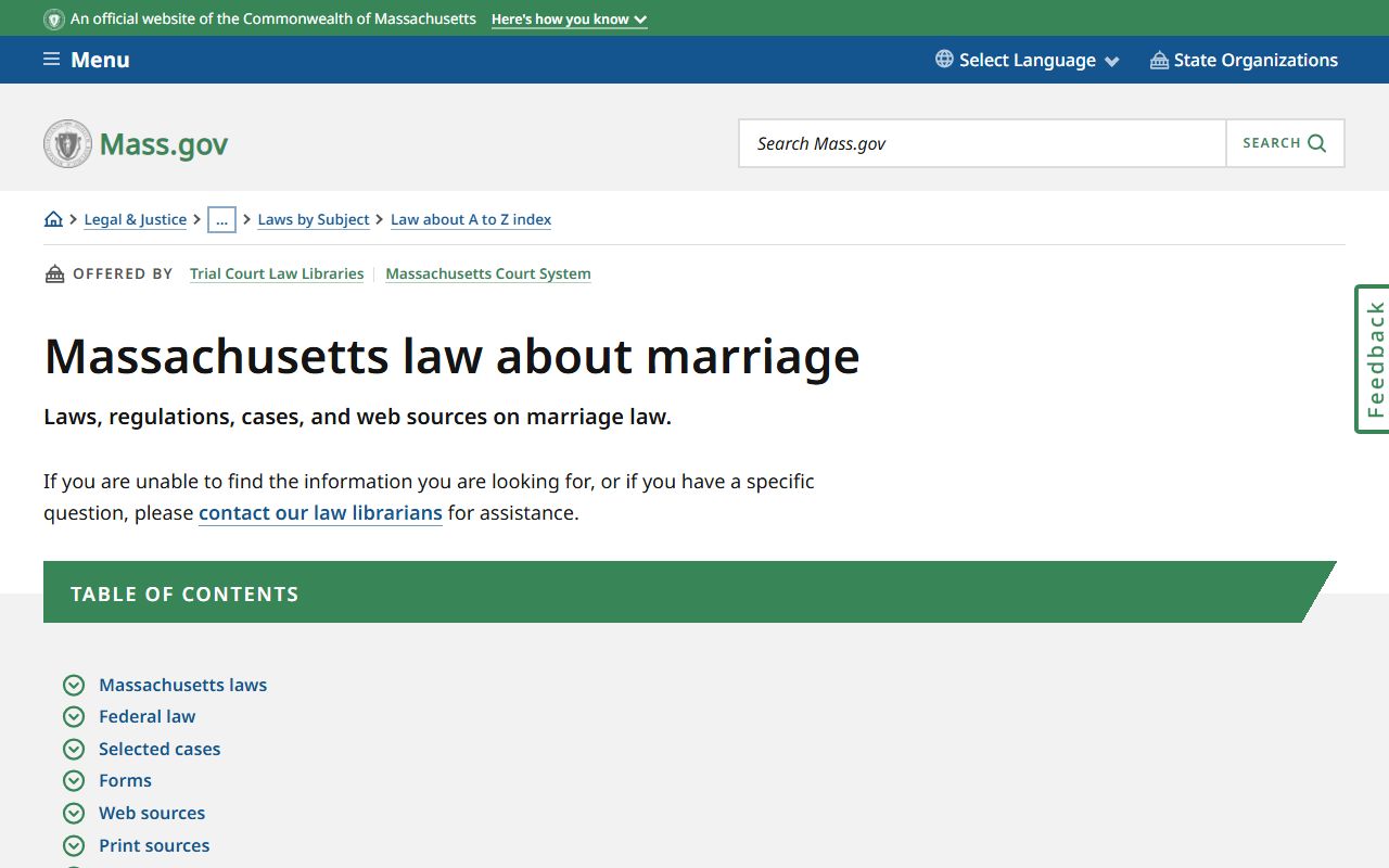 Massachusetts marriage laws and statutes overview page