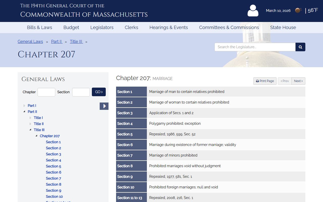 Massachusetts General Laws Chapter 207 governing marriage licenses